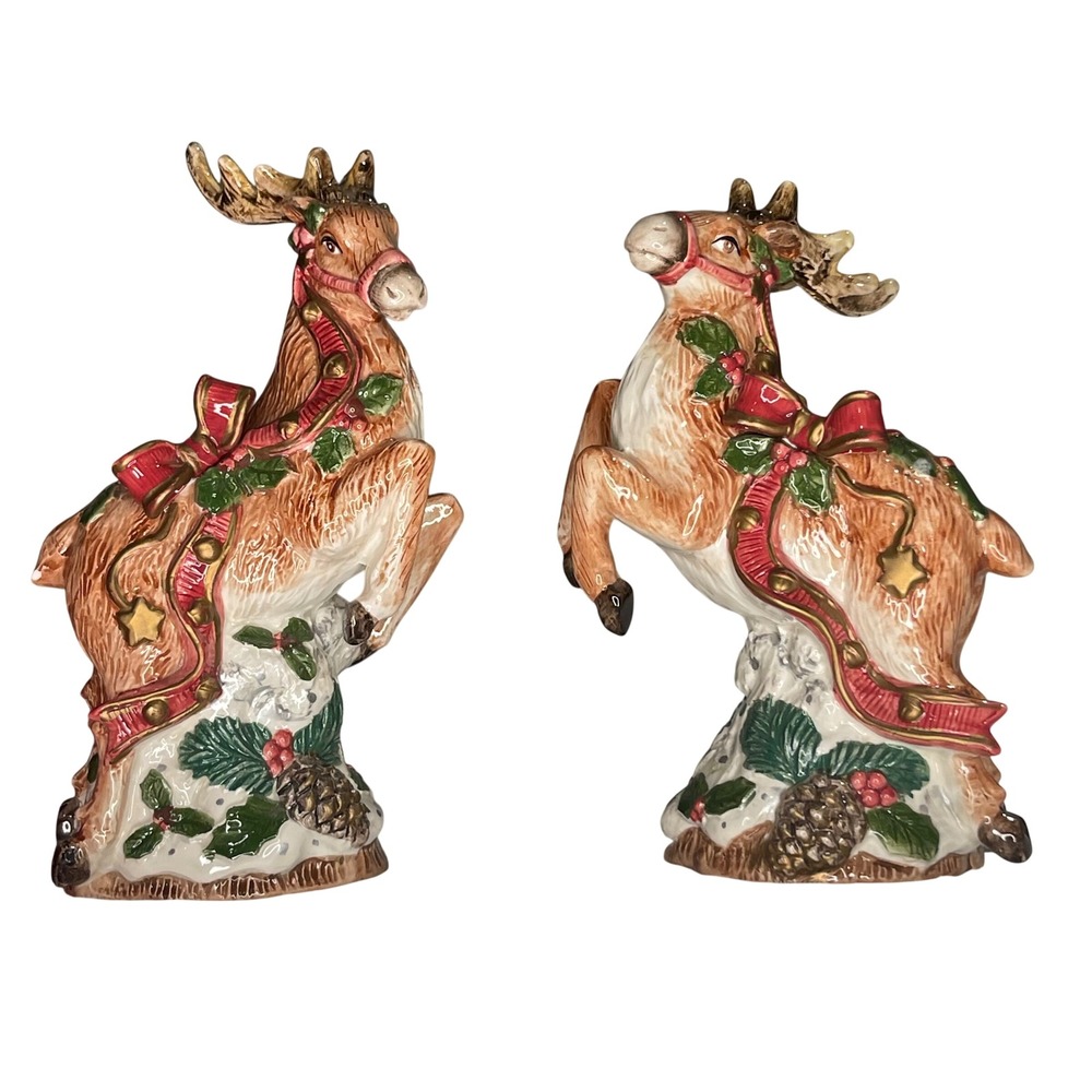 Fitz and Floyd Kris Kringle Reindeer Candleholder Pair Vintage 1993 Christmas